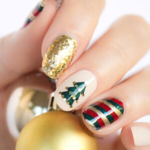 Classic Christmas Nails with Golden Glitter
