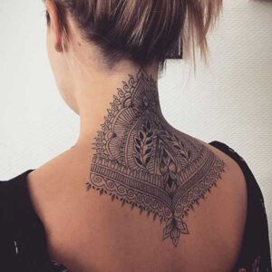Mandala design back neck tattoo