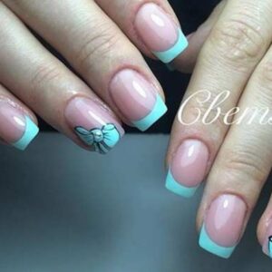 Light Blue French Tips + Bow Accent Nail