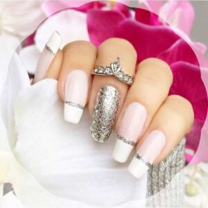 Long White & Silver Glitter Nails