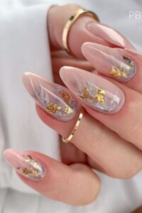 Pink Marble Nails with Golden Leaves