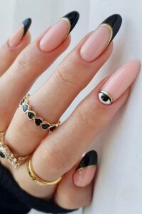 Black French Manicure With Base Pink and Golden Lines