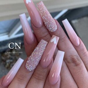 Nude and White Ombre with a Crystal Accent Nail