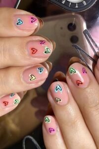 Mini Colorful Hearts Nails, short nails, short nail designs, nail designs for short nails, designs for short nails, short nail ideas, short cute nails, nail designs short