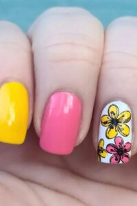 Floral Pink And Yellow Nails