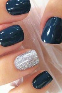 Shiny Navy Blue with Silver Glitter Nails