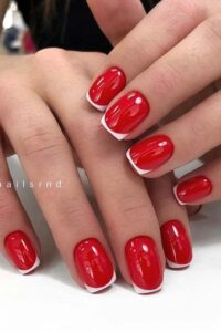 Bright Red Nails with White Tips