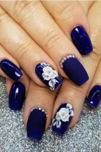 Floral Inspired Navy Blue Nails