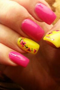 Neon Pink And Yellow Nails With Flowers