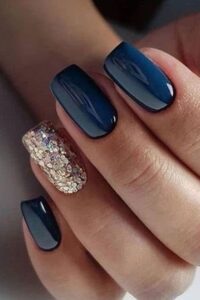 Square Shiney Navy Blue Nails with Glitter