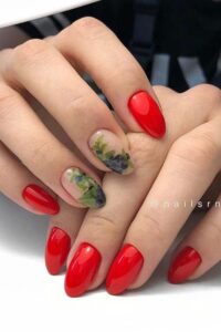 Short Red Nails with Fruit Art