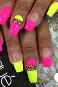 Pink And Yellow Nails With Rhinestones