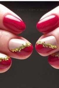 Deep Red Nails with Golden Leaf