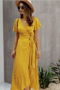 Yellow Polkadot Short Sleeves Wrap Dress