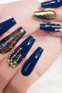 Navy Blue Nails With Golden Glitter