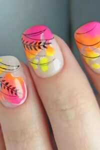 Pink And Yellow Nails with Black Leaves