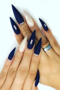 Stiletto Navy Blue Nails with Gemstones