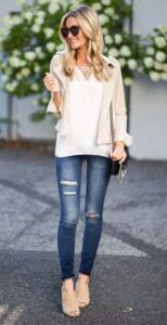 Navy Ripped Jeans with Nude Blazer