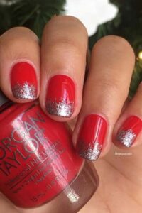 Short Red Nails with Glitter Tips