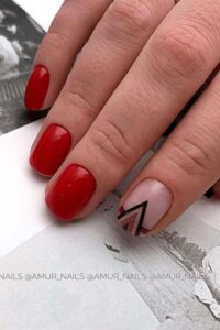 Short Red Nails with Triangle Accent