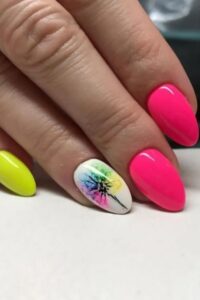 Pink And Yellow Nails With Rainbow Tree