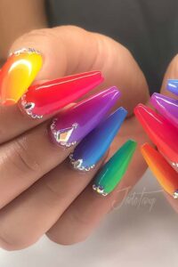 Rainbow Nails with Crystals