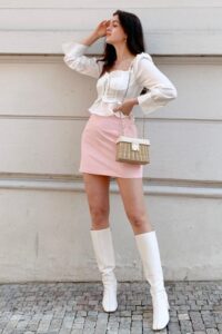 Pink Mini Skirt with White Blouse