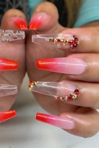 Red Ombre Nails with Rhinestone