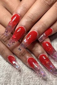 Red Ombre Nails with Butterflies