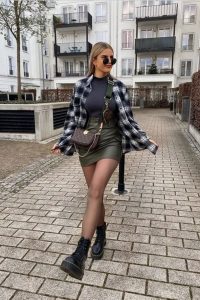 Plaid Jacket and Leather Skirt, sweater outfit ideas, fall outfit ideas, winter outfit ideas