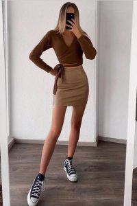 Brown V-Neck Cardigan and Leather Skirt, sweater outfit ideas, fall outfit ideas, winter outfit ideas