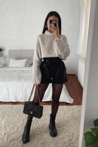 Sweater and Leather Shorts, sweater outfit ideas, fall outfit ideas, winter outfit ideas