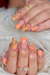 Peachy Nails with Gold Foil, fall nails designs, fall nails ideas, fall nails, autumn nails, pretty fall nails, cute fall nails