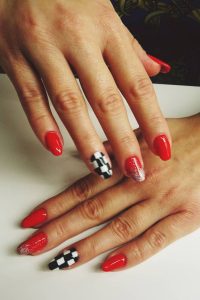 Red, Black, and White Checkered Nails