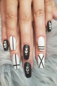 Black and White Striped Nails with Jewelry