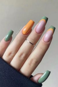 Green and Orange French Tip Nails, fall nails designs, fall nails ideas, fall nails, autumn nails, pretty fall nails, cute fall nails