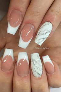 French Tips and Marble, french tip coffin nails, Coffin nails, french tips, french nails