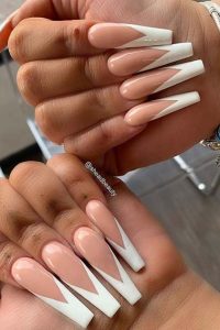 Nude Long Nails with V Tips, french tip coffin nails, Coffin nails, french tips, french nails