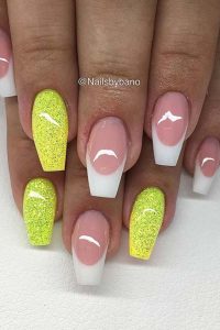 Yellow Glitter Coffin Nails, french tip coffin nails, Coffin nails, french tips, french nails