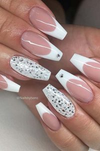 Silver Glitter Coffin Nails, french tip coffin nails, Coffin nails, french tips, french nails