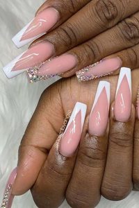 White and Rhinestone French Tip Coffin Nails, french tip coffin nails, Coffin nails, french tips, french nails