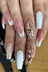 Gold Glitter and Rhinestones Nails, french tip coffin nails, Coffin nails, french tips, french nails