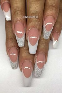 White and Glitter Tips Coffin Nails, french tip coffin nails, Coffin nails, french tips, french nails