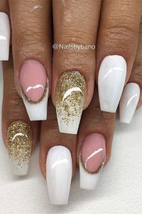 Gold Glitter Coffin Nails, french tip coffin nails, Coffin nails, french tips, french nails
