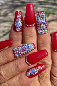 Ruby Red Nails with Rhinestones, red acrylic nail designs, red acrylic nail ideas