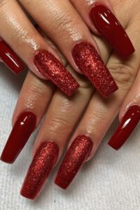 Glittery Dark Maroon Nails, red acrylic nail designs, red acrylic nail ideas