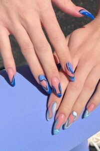 Blue-on-blue French Tip Nails, pointy nails, pointy nail designs, pointy nail ideas