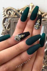 Dark Green and Black Coffin Nails with Gems, coffin nails, coffin nail designs, coffin nail ideas, coffin shaped nails