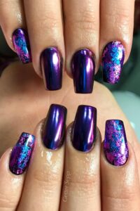 Blue Purple Holographic Chrome Nails, chrome nail designs, chrome nail ideas