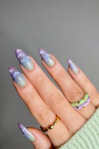 Blue and Purple Nails With Cloud, pointy nails, pointy nail designs, pointy nail ideas